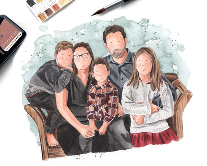 Portrait de famille aquarelle fait à la main dans un atelier au Québec