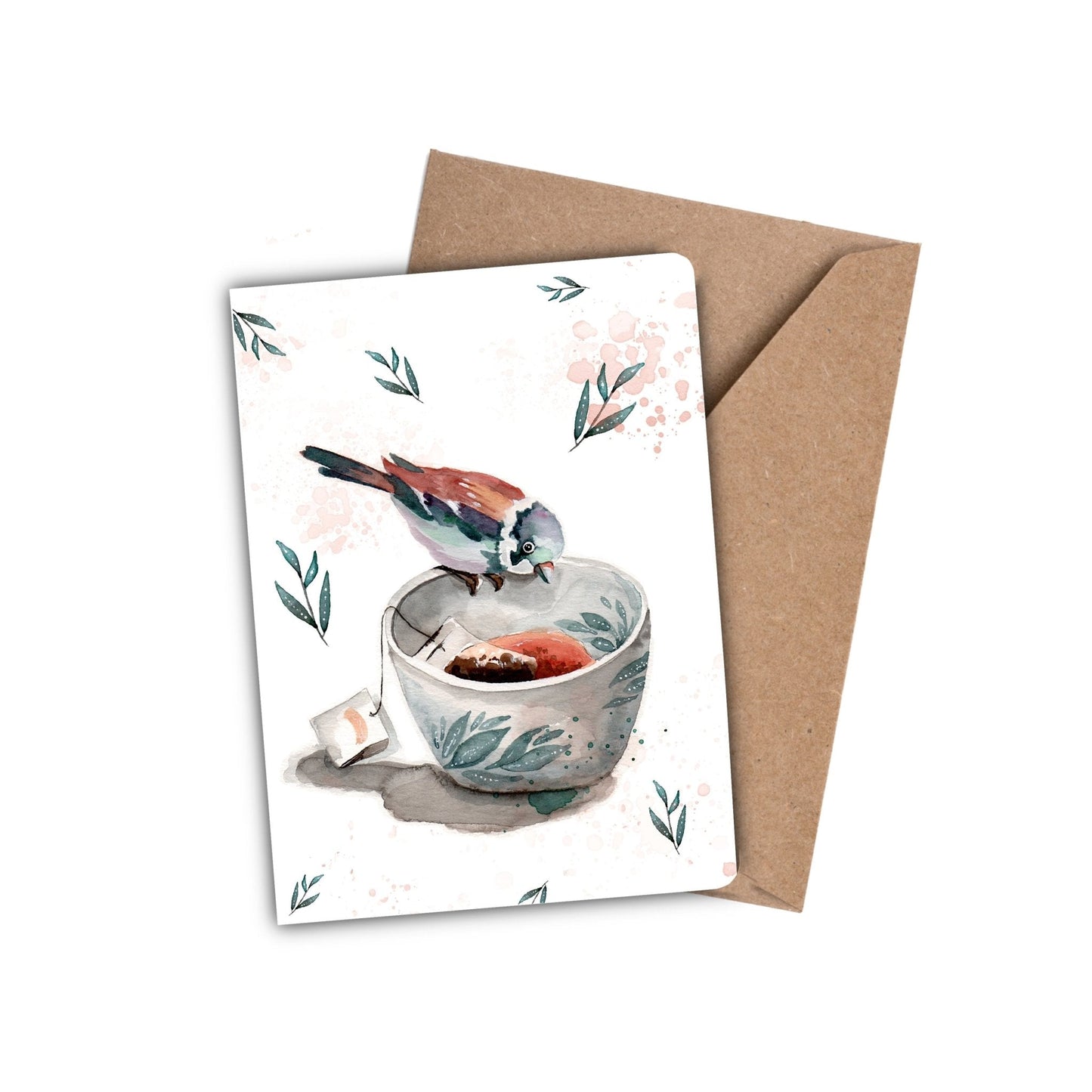 Carte - Oiseau sur tasse de thé - Carte de voeux - Créations Odie