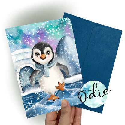 Carte - Pingouin au foulard bleu - Carte de voeux - Créations Odie