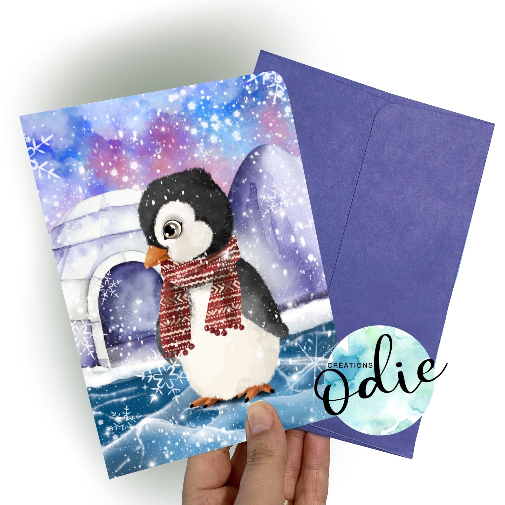 Carte - Pingouin au foulard rouge - Carte de voeux - Créations Odie