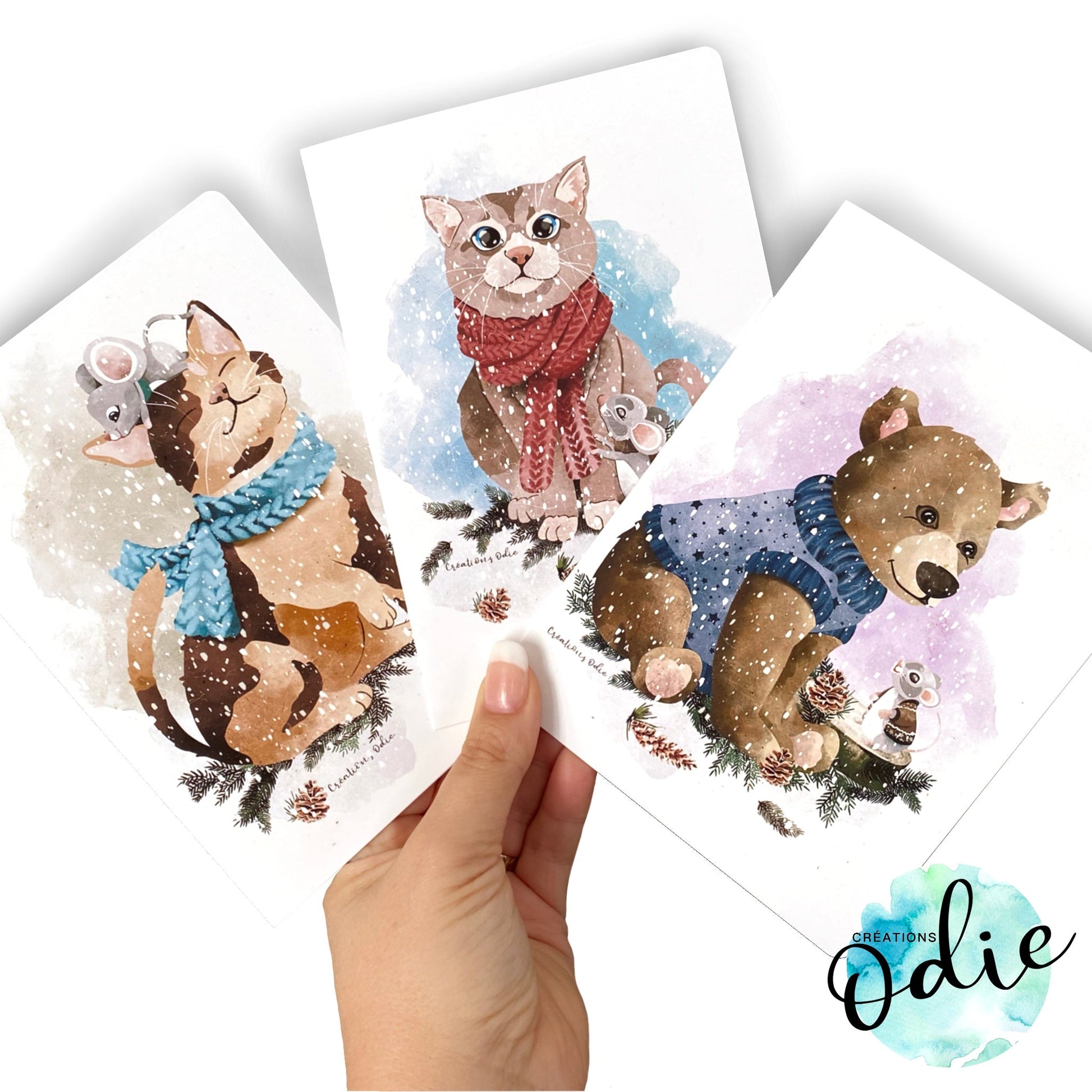 Carte - Trio sous la neige avec la petite souris - Carte de voeux - Créations Odie