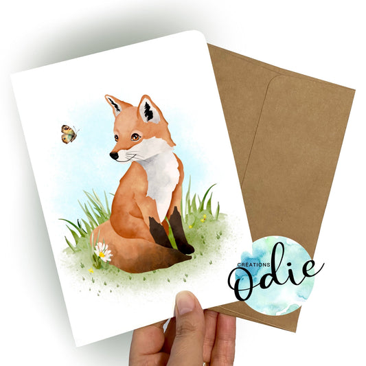 Carte - Un petit renard assis dans le pré - Carte de voeux - Créations Odie
