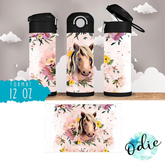 Gourde thermos - Cheval et fleurs - Verre isotherme - Créations Odie