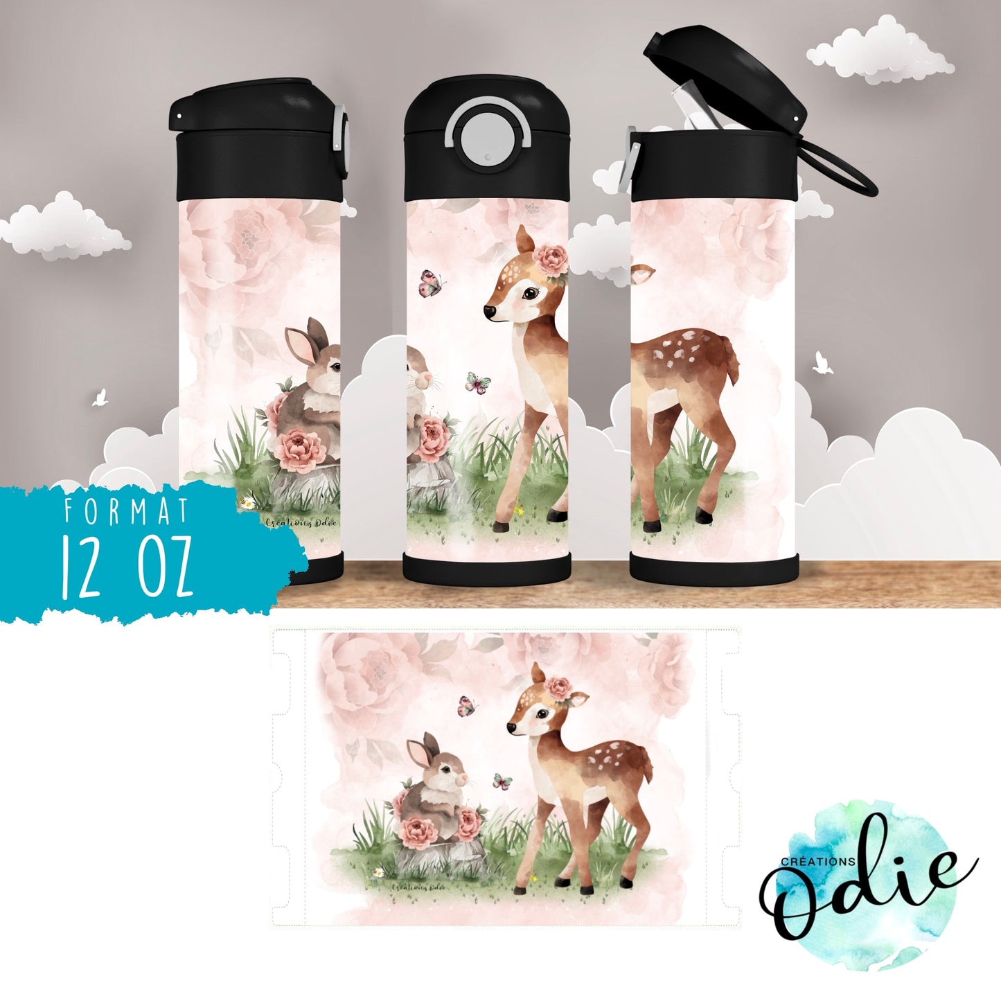 Gourde thermos - Chevreuil et lapin mignons - Verre isotherme - Créations Odie