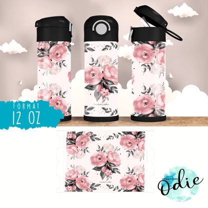 Gourde thermos - Fleurs roses - Verre isotherme - Créations Odie