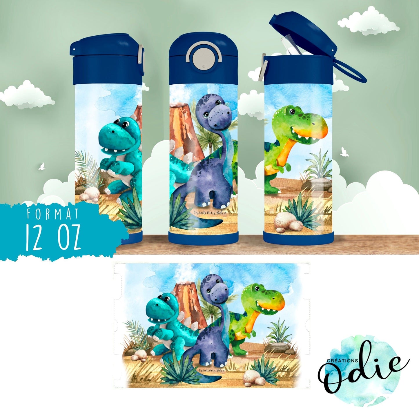 Gourde thermos - Les amis dinos - Verre isotherme - Créations Odie