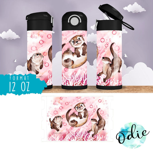 Gourde thermos - Les petites loutres en rose - Verre isotherme - Créations Odie