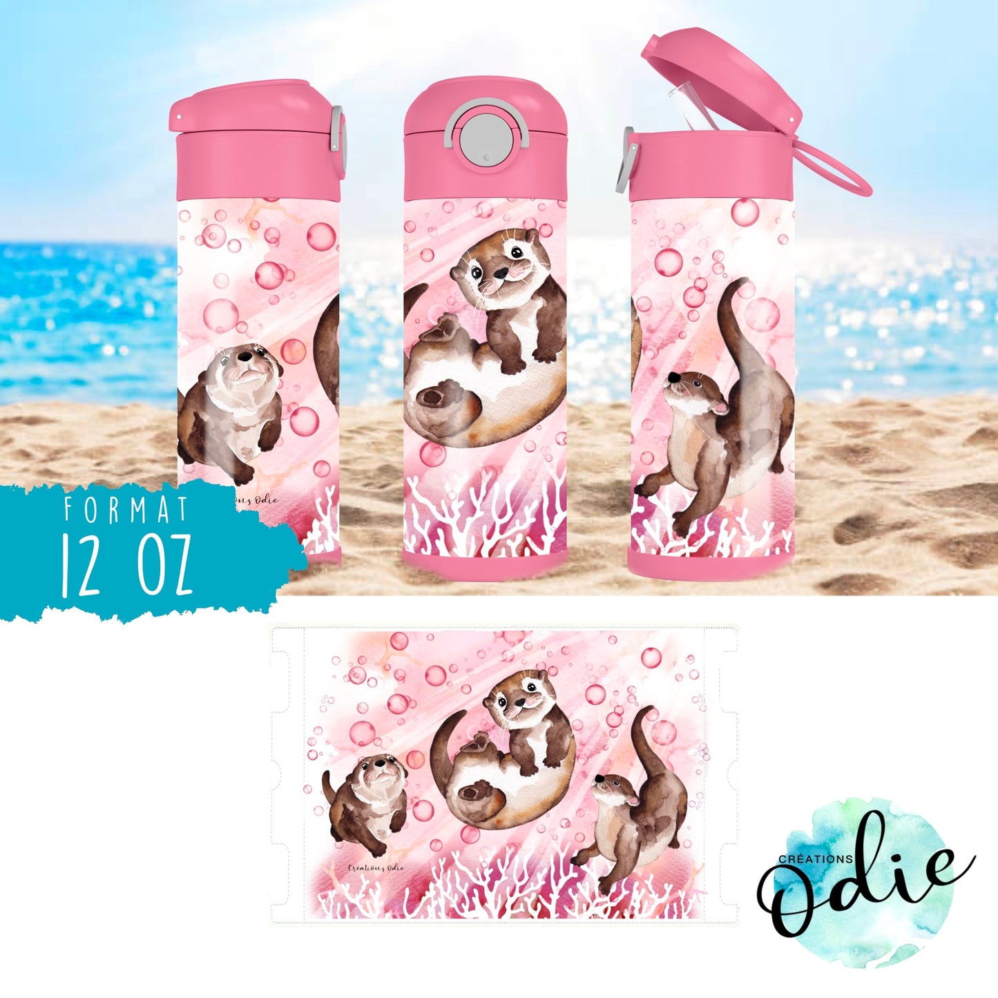 Gourde thermos - Les petites loutres en rose - Verre isotherme - Créations Odie