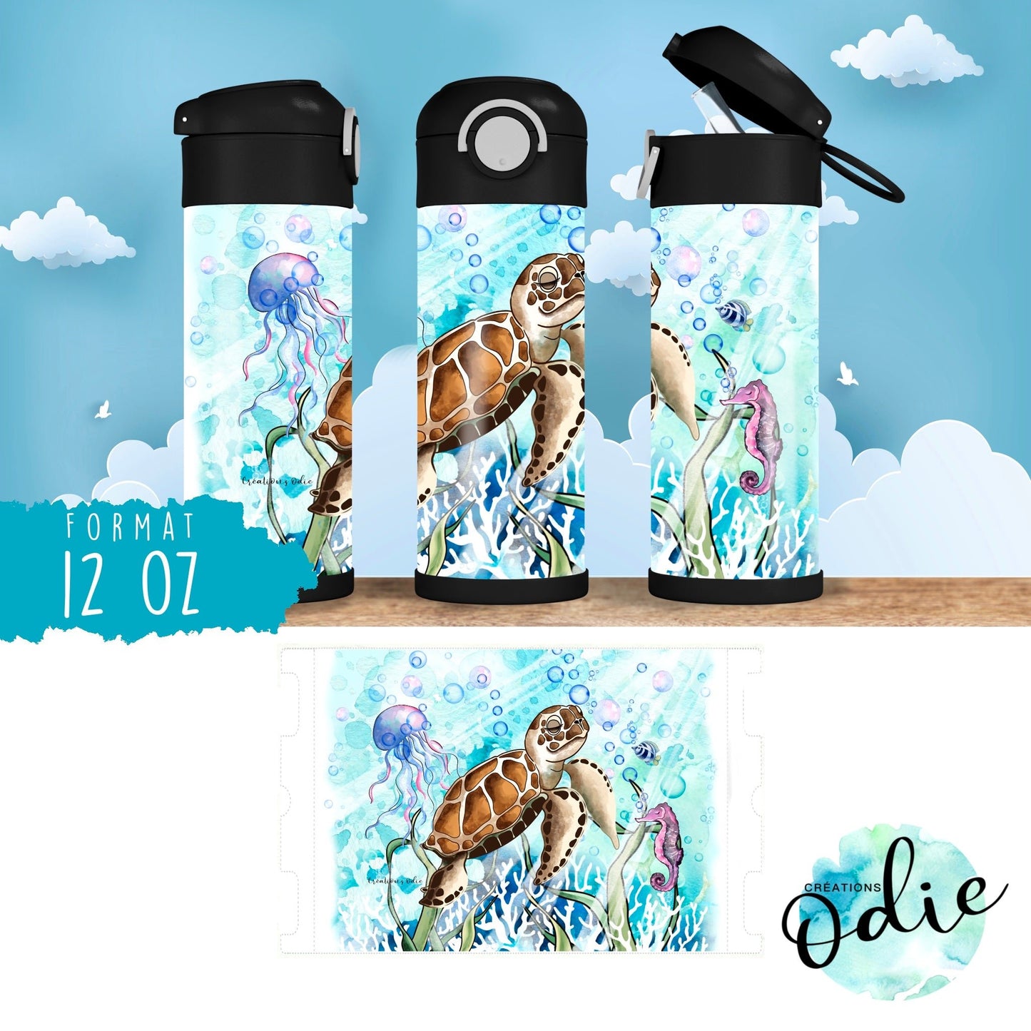 Gourde thermos - Tortue de la mer - Verre isotherme - Créations Odie