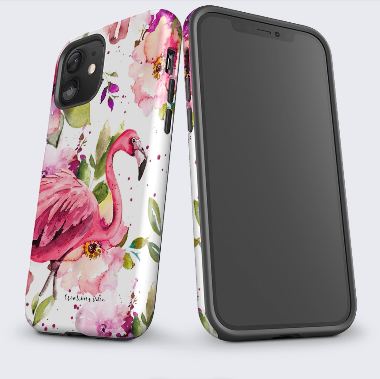 Illustration - Case de cellulaire avec un flamant et ses fleurs - Créations Odie
