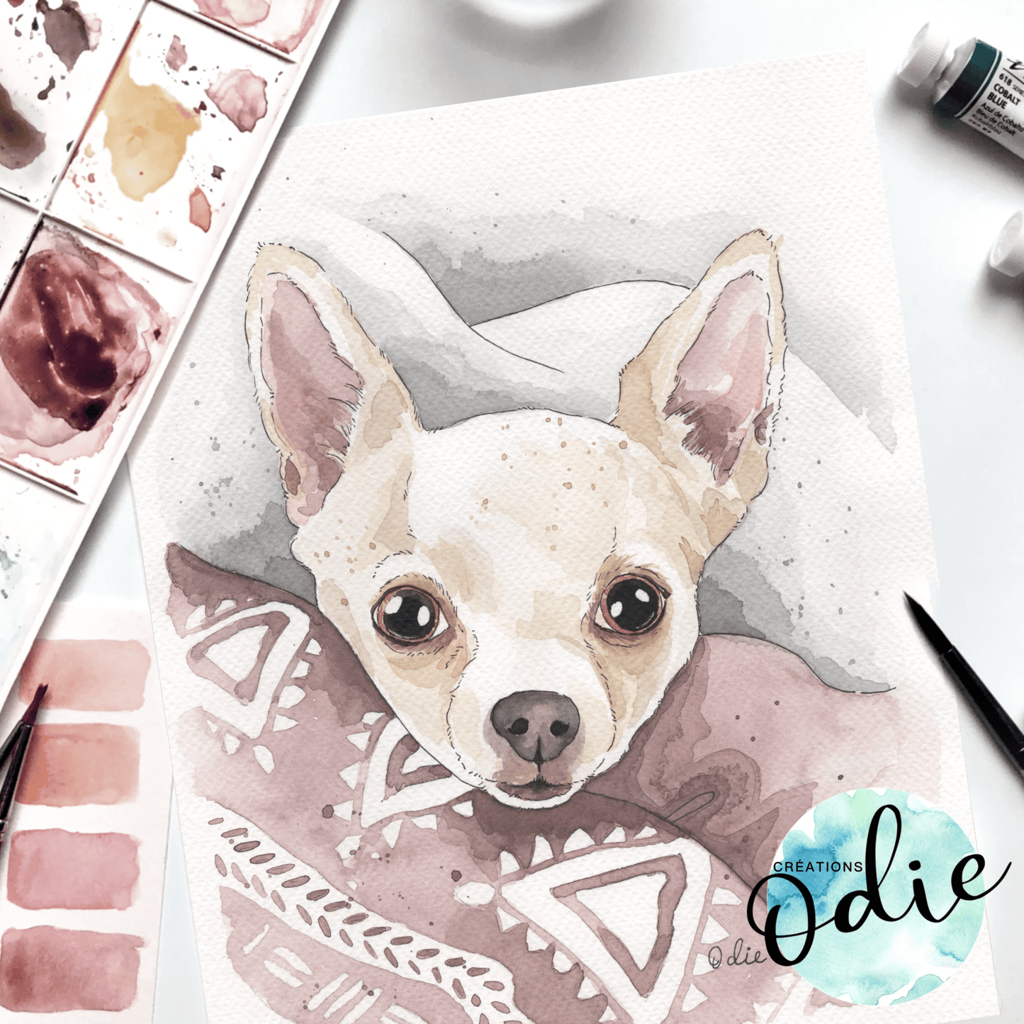 Portrait aquarelle animalier peint à la main au Québec, pièce unique