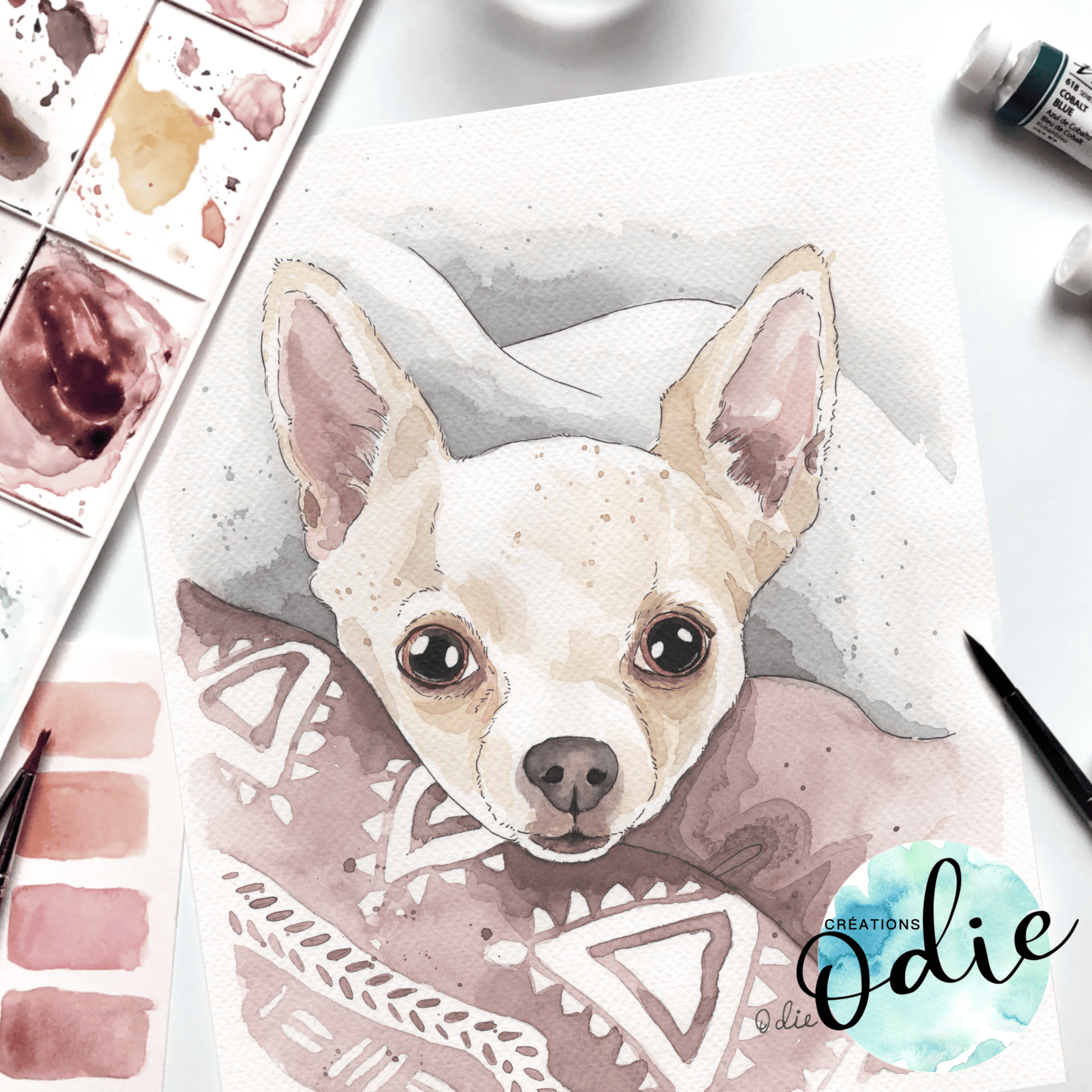 Portrait aquarelle animalier peint à la main au Québec, pièce unique