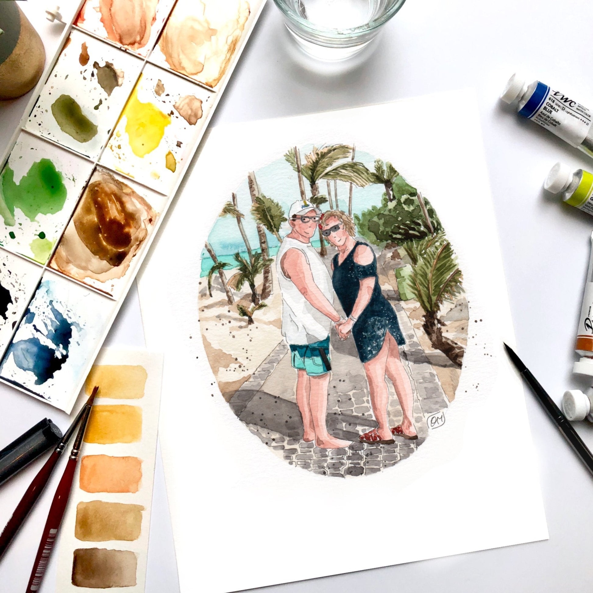 Détail d’un portrait aquarelle personnalisé peint à la main