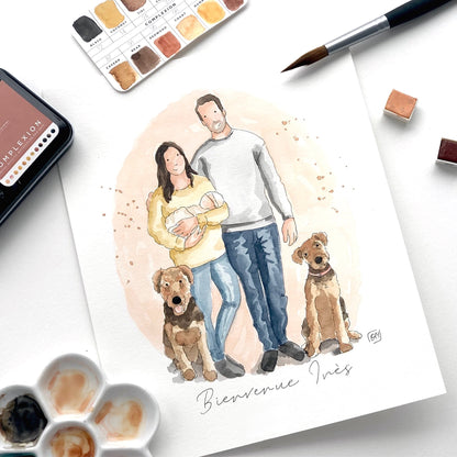 Portrait souvenir de famille à l’aquarelle rempli d’émotions