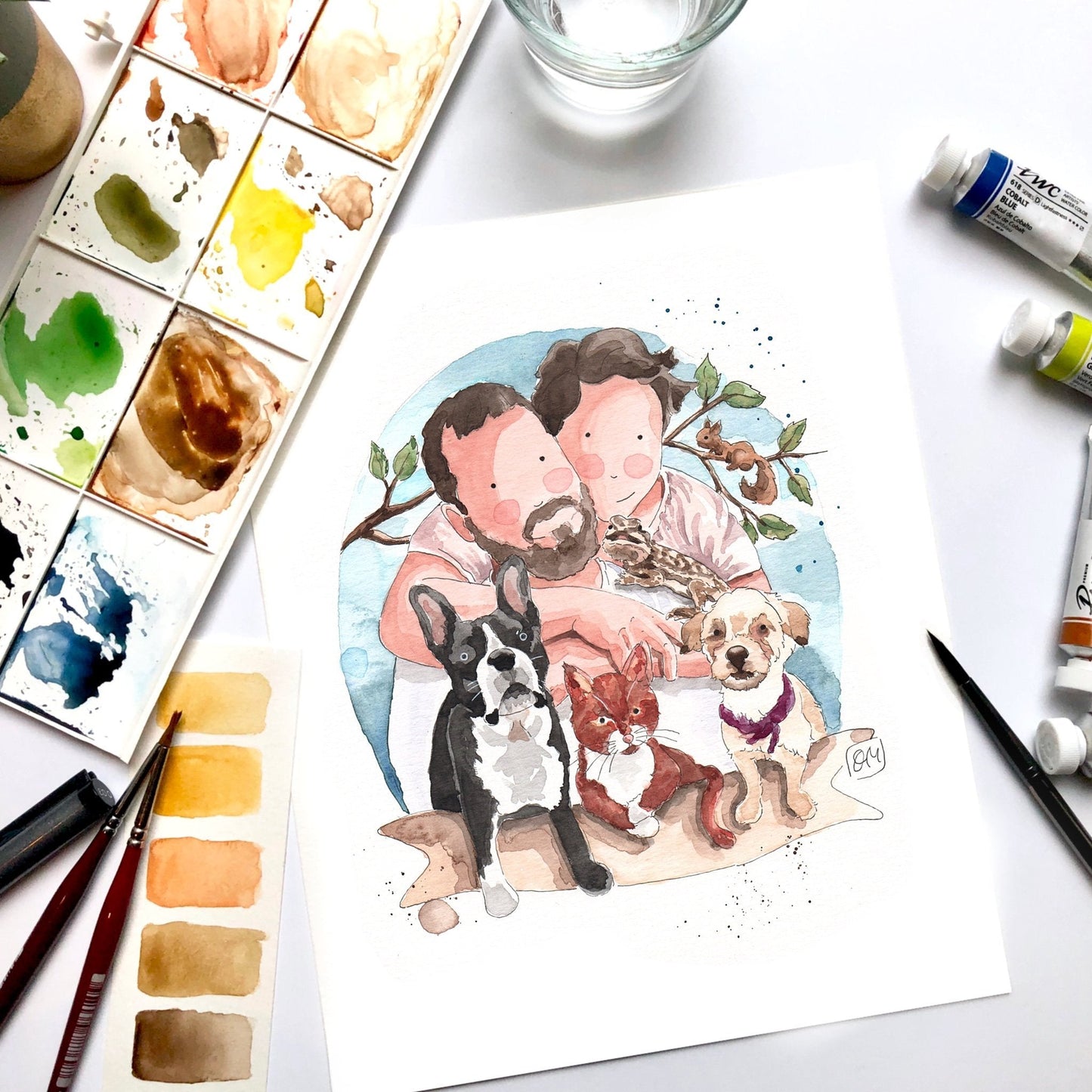 Portrait souvenir de famille à l’aquarelle rempli d’émotions avec animaux de compagnie