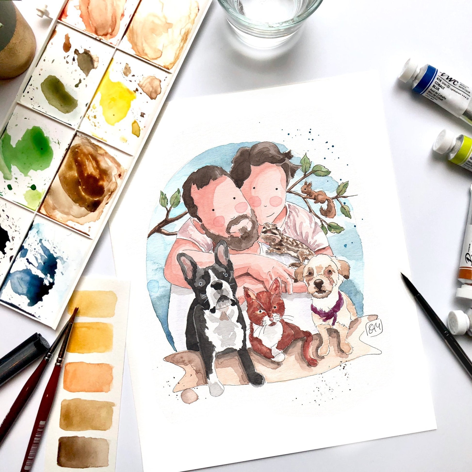 Portrait souvenir de famille à l’aquarelle rempli d’émotions avec animaux de compagnie