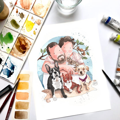 Portrait souvenir de famille à l’aquarelle rempli d’émotions avec animaux de compagnie